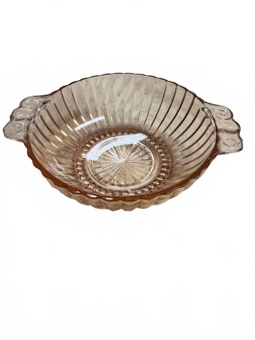 Vintage Pink Depression Glass Ribbed Handled Bowl 6 In